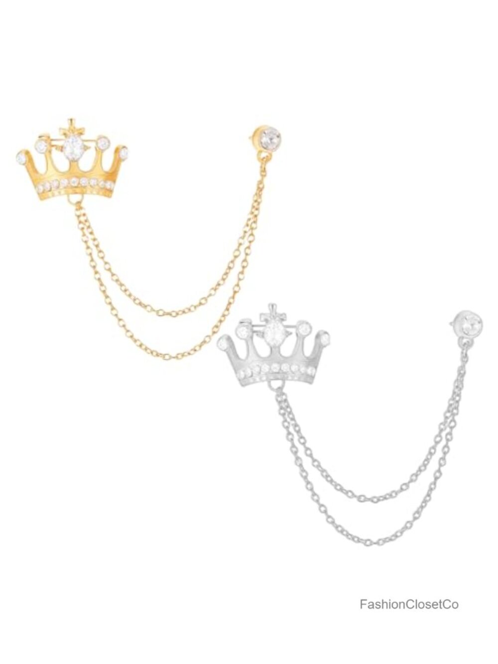 Mens Vintage Rhinestone Crown Brooch Lapel Pin Zinc Alloy Chain